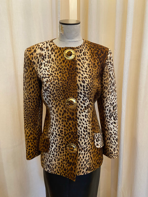 Vintage Valentino leopard structured blazer with removable gold pins