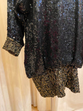 Load image into Gallery viewer, Vintage I. Magnin black sequin dress with gold lamé elastic cuffs
