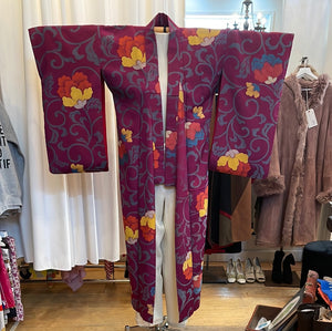 Purple Multicolor Ikat Silk 1960s Kimono