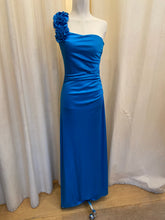 Load image into Gallery viewer, Vintage Masquerade aqua blue one shoulder maxi dress with ruffled shoulder