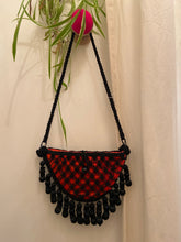 Load image into Gallery viewer, Vintage red and black crocheted pocket bag with tassels