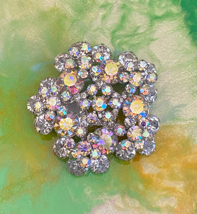Vintage large iridescent crystal floral brooch