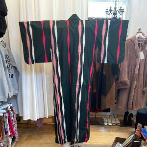 Ikat Mensen Silk Green Pink and White Striped 1960s Kimono