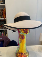 Load image into Gallery viewer, Vintage cream wide brim hat with contrast black bow