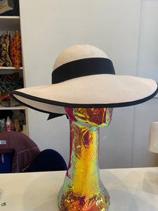 Vintage cream wide brim hat with contrast black bow