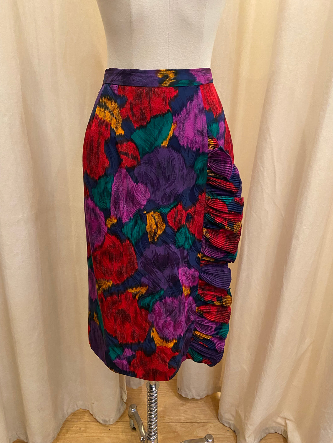 Vintage 80s Raul Blanco jewel tone abstract floral skirt with ruffle detail