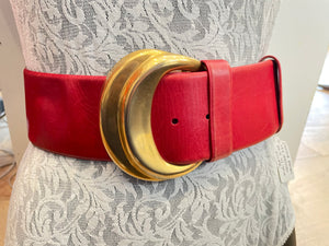 Donna Karan red leather wide belt with gold buckle