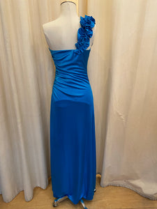 Vintage Masquerade aqua blue one shoulder maxi dress with ruffled shoulder