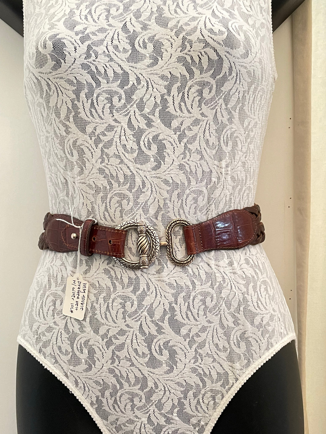 Vintage brown double braided belt with silver lock buckle