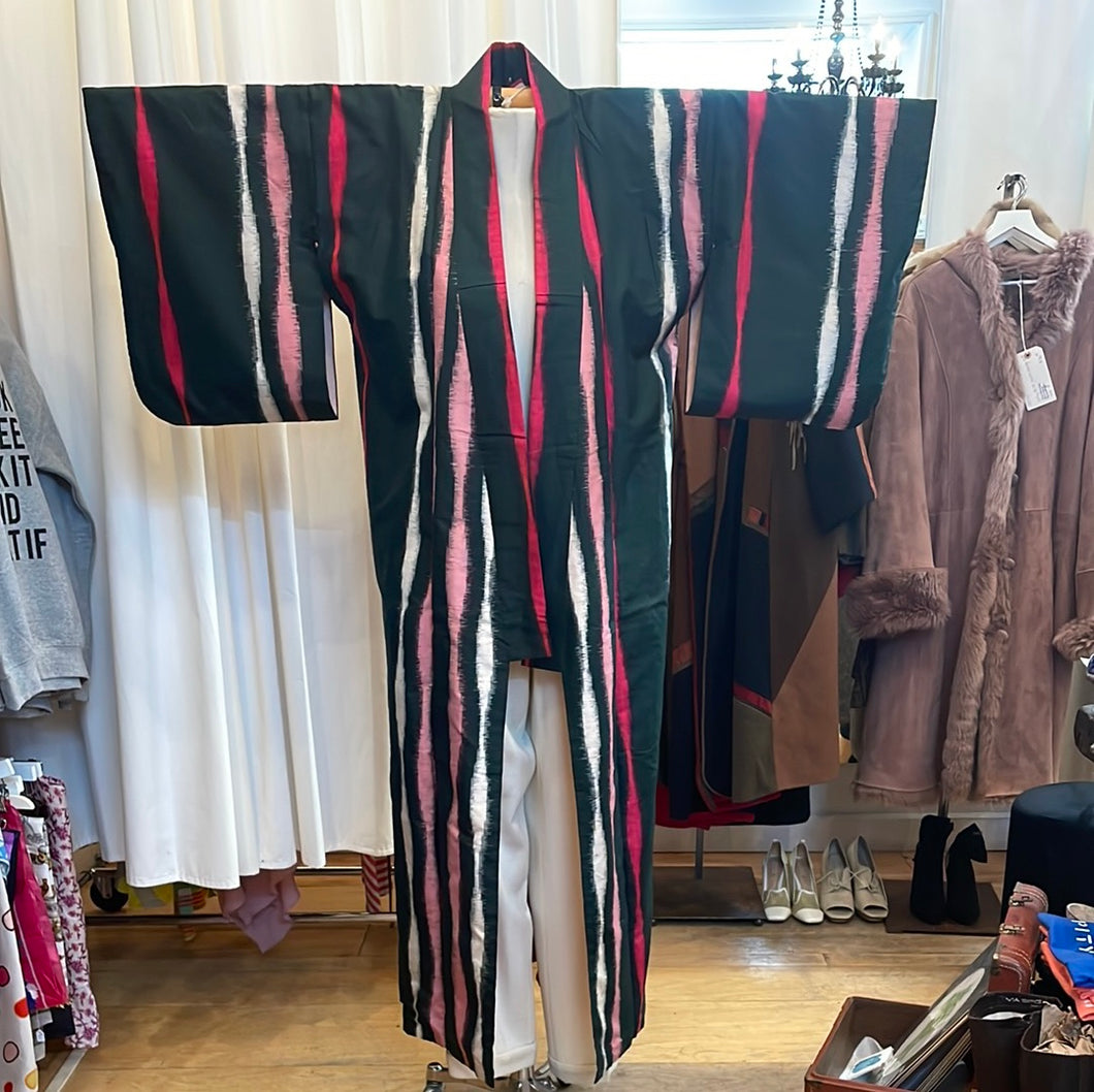 Ikat Mensen Silk Green Pink and White Striped 1960s Kimono