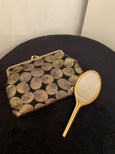 Vintage gold embroidered coin purse with handheld mirror