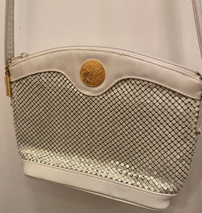 Vintage Whiting and Davis cream metal mesh and leather crossbody purse
