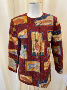 Vintage Maroon Quilted Jacket with Framed Animals