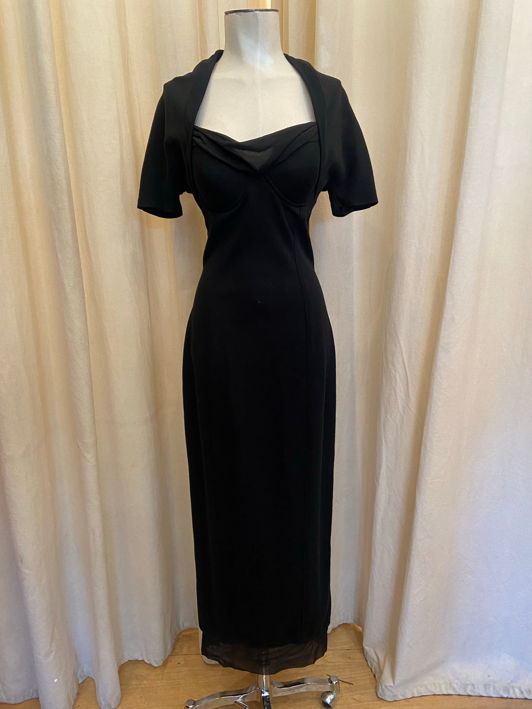 Vintage Kokin black knit maxi bodycon dress with attached shrug and padded bust