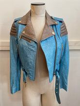 Load image into Gallery viewer, Hilfiger Collection metallic blue leather cropped motorcycle jacket