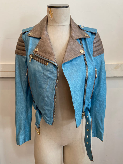 Hilfiger Collection metallic blue leather cropped motorcycle jacket