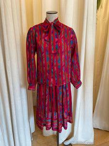 80s red patterned top and skirt set Lilli Ann