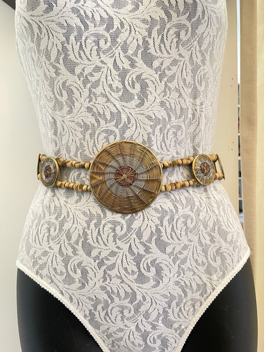 Vintage belt with wooden beads and multi-tone wire medallions