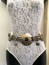 Load image into Gallery viewer, Vintage black leather belt with large mother of pearl shells