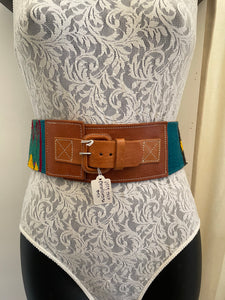 Vintage thick embroidered belt with light brown leather