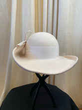 Load image into Gallery viewer, Vintage cream wide brim hat with rhinestone bow and feather