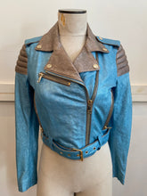 Load image into Gallery viewer, Hilfiger Collection metallic blue leather cropped motorcycle jacket